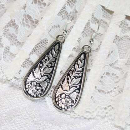 silver teardrop damascene earrings